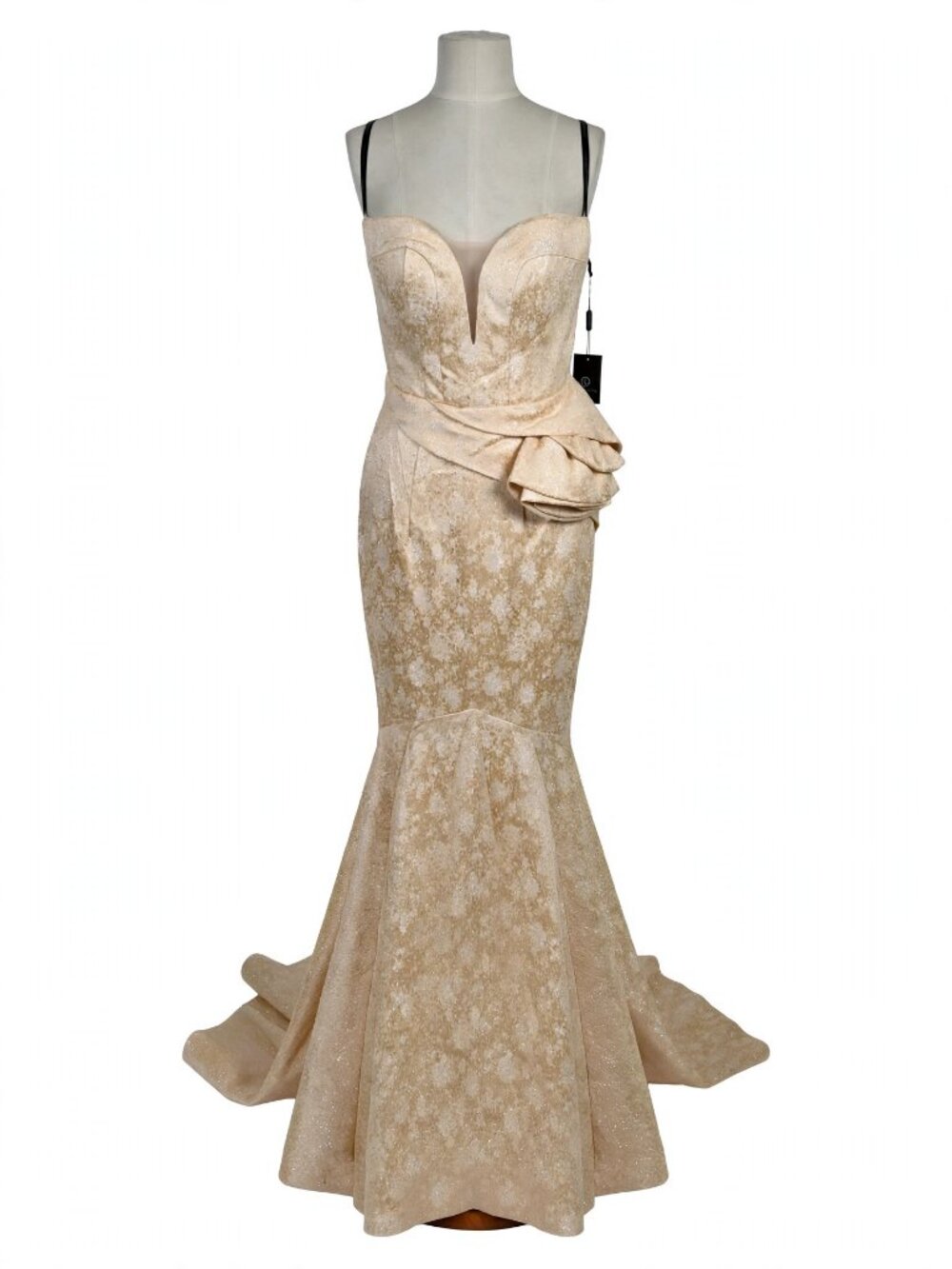 Andrea & Leo Couture Gold Metallic Mermaid Gown Deep V Shawl Size 8 NWT